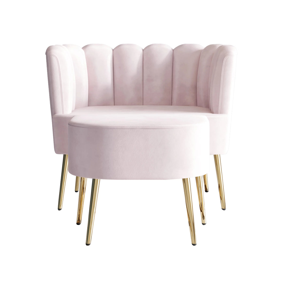Light Pink Upholstered Velvet Chair with Stool C190