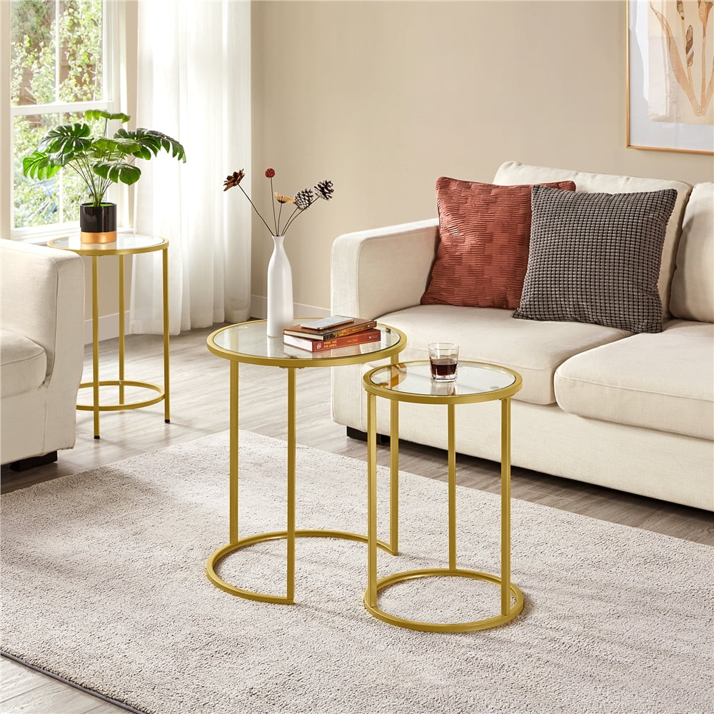 Round Nesting End Table Set with Metal Frame and Glass Top T587