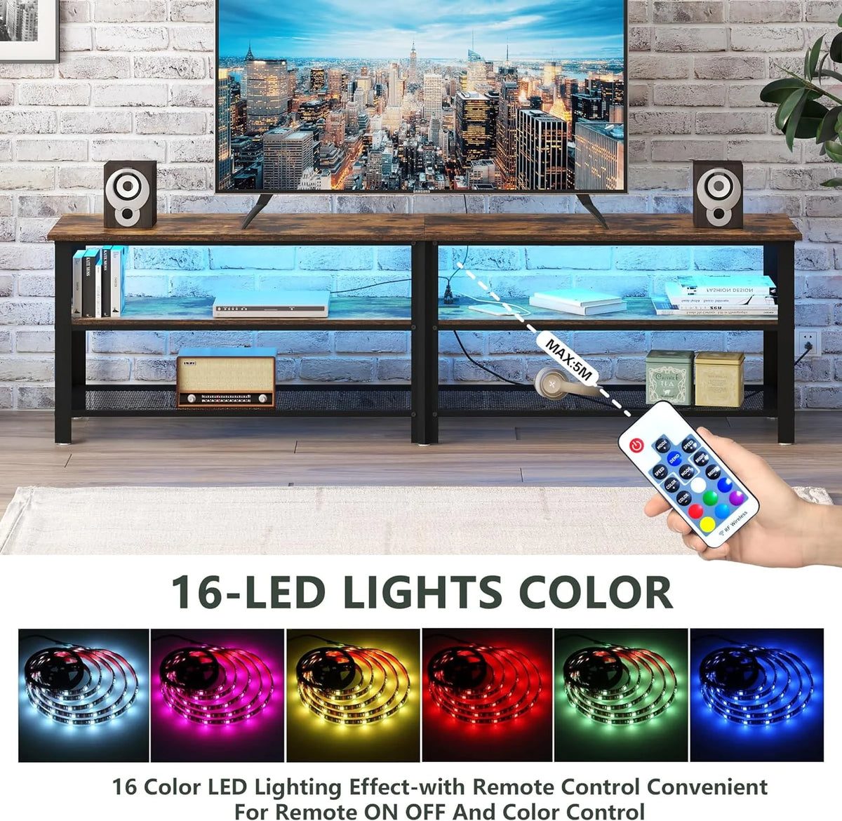 Brown 71 inch Metal TV Stand with LED Lights and Power Outlets W4781