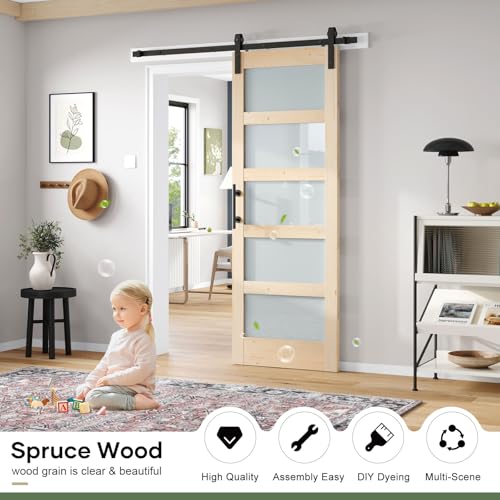 42x84 inch Frosted Glass Sliding Barn Door with Hardware Kit E3540