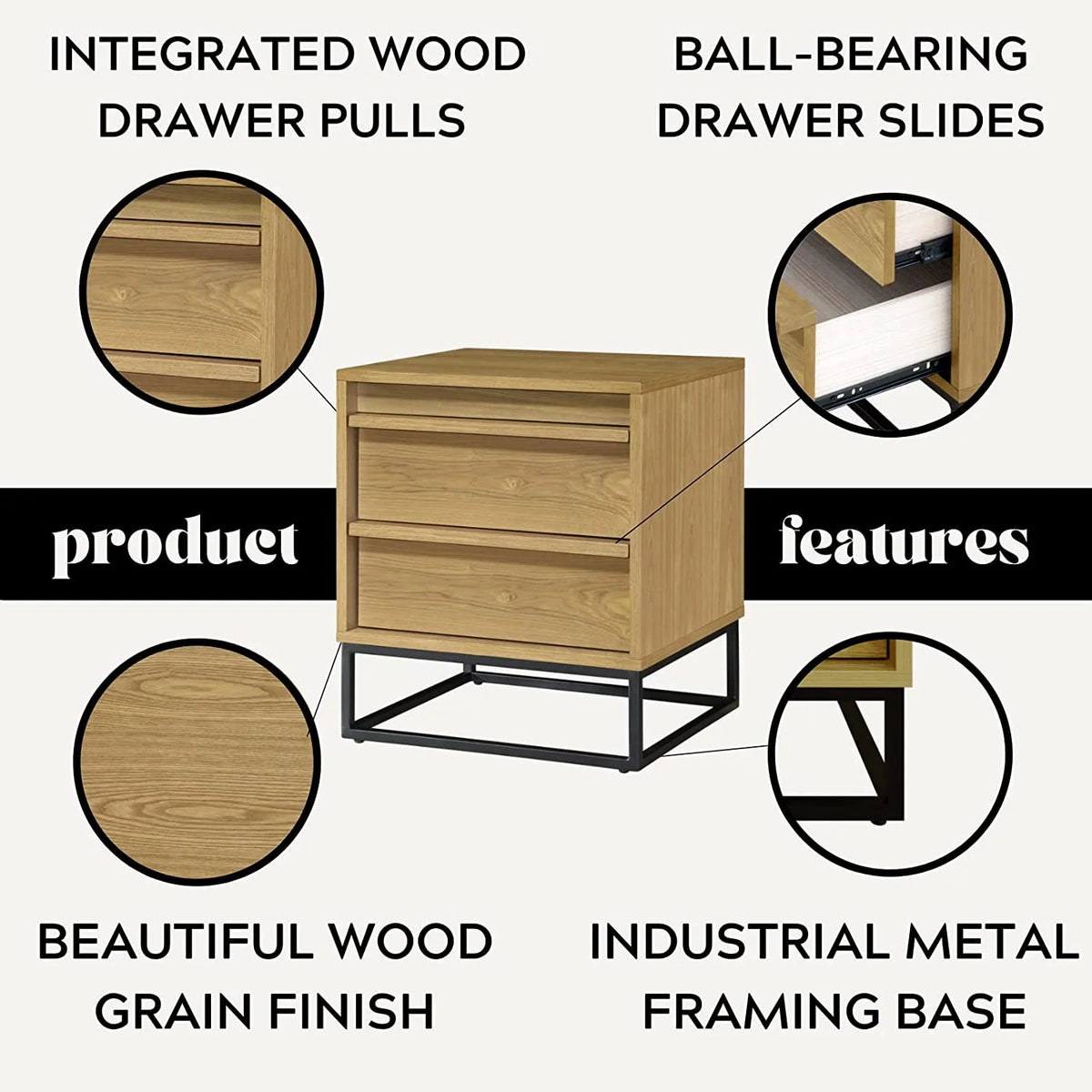 Natural Oak Solid Wood Nightstand with Two Drawers K37902