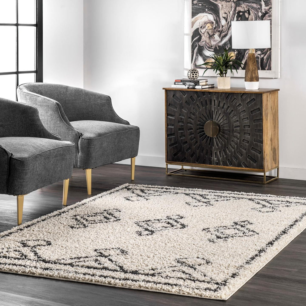 Off White Moroccan Diamond Shag Area Rug S446