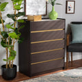 Dark Brown Gold Wood 5-Drawer Chest with Faux Marble Top H4191