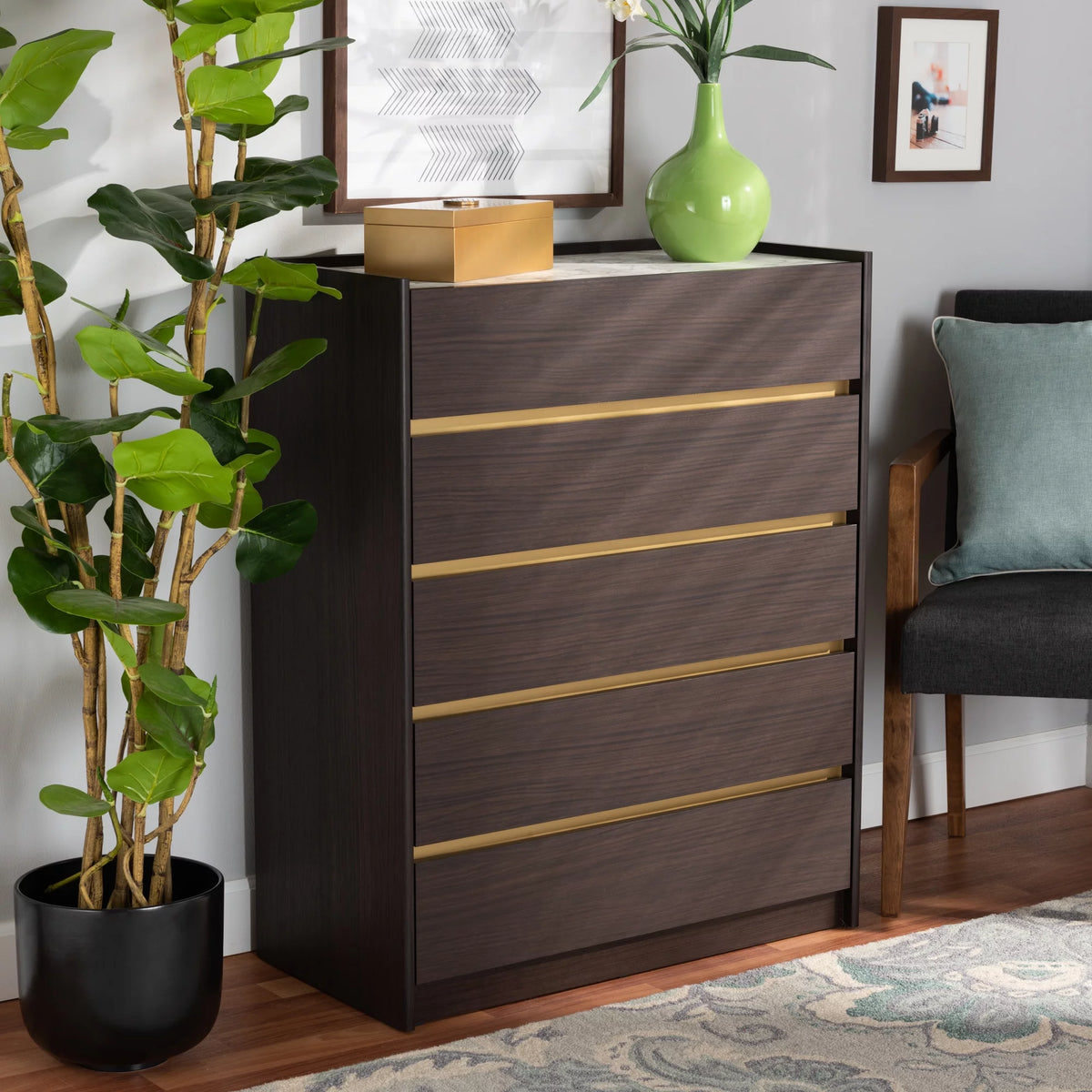 Dark Brown Gold Wood 5-Drawer Chest with Faux Marble Top H4191