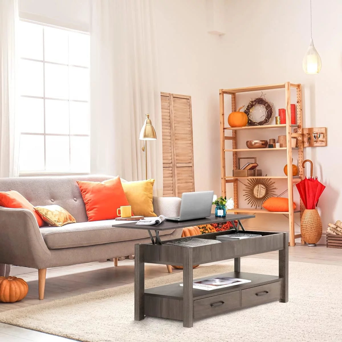 2 Drawer Lift Top Coffee Table with Hidden Compartment Gray W3506