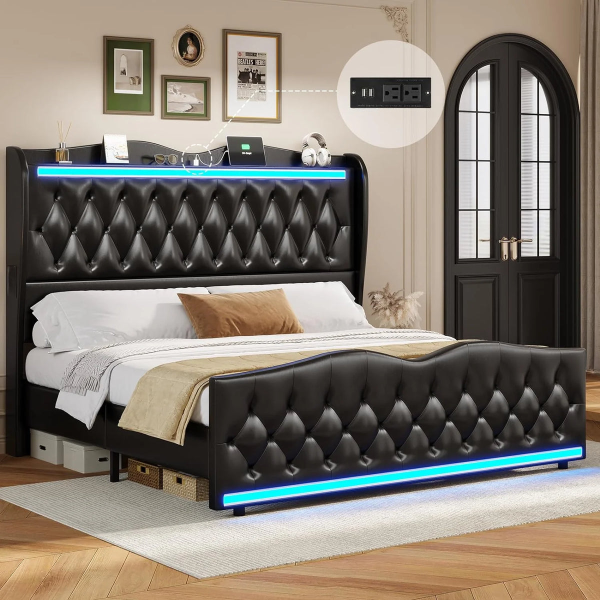 King Size Upholstered Platform Bed Frame with Tall Headboard L369392