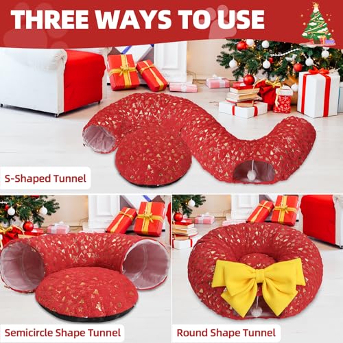 Christmas Cat Tunnel with Bowtie, Washable Circle Cushion and Plush Ball Toy, Red I195