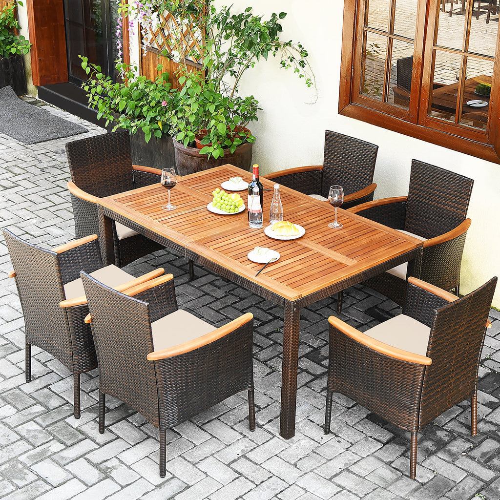 7 Pc Patio Rattan Dining Set Cushioned Chair Wooden Tabletop G915