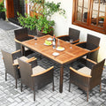 7 Pc Patio Rattan Dining Set Cushioned Chair Wooden Tabletop G915