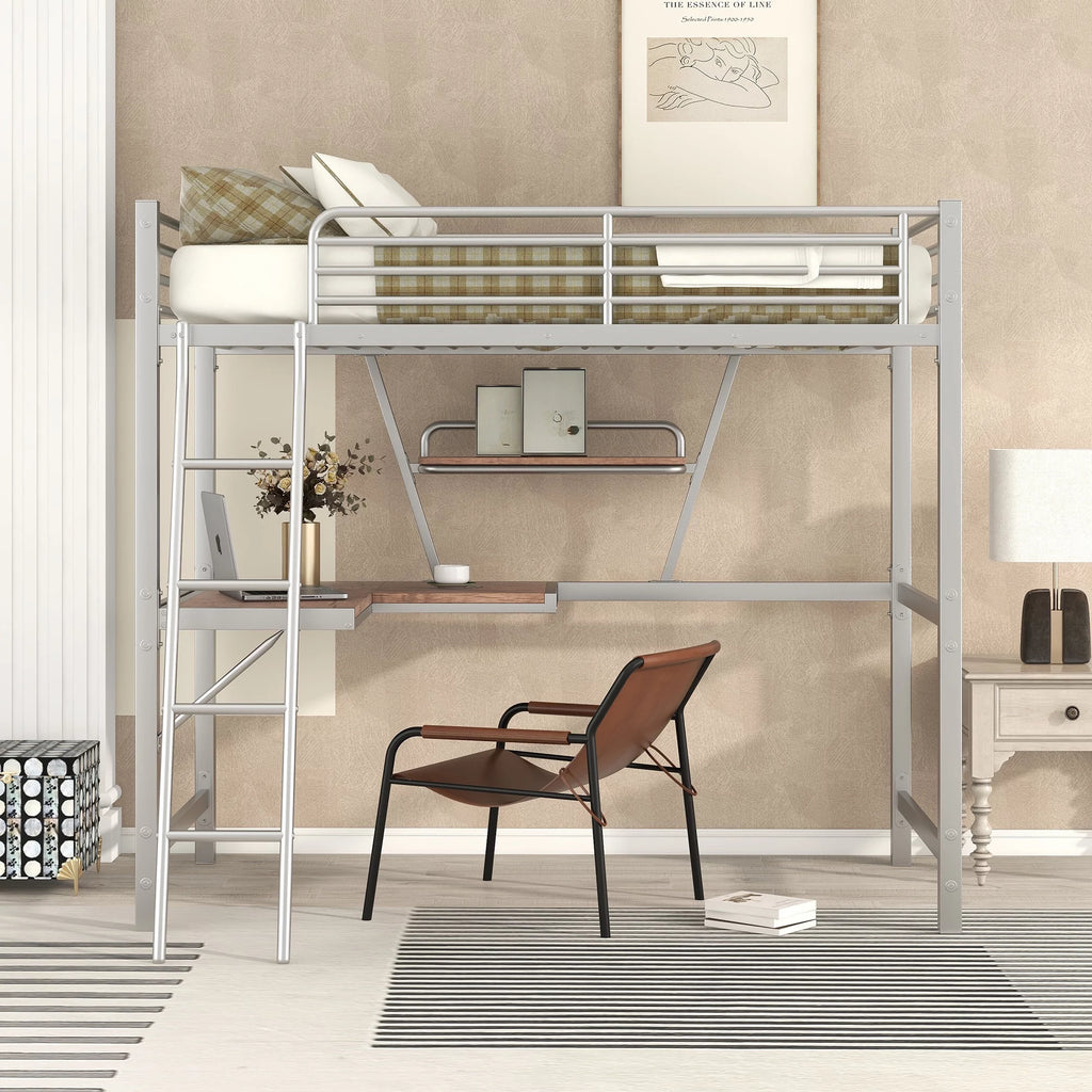 Metal Loft Bed with Desk and Shelf M5622