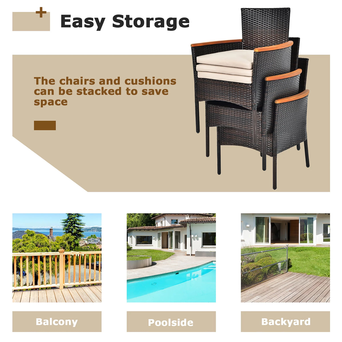 7 Pc Patio Rattan Dining Set Cushioned Chair Wooden Tabletop G915