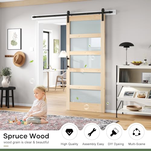 42x84 inch Frosted Glass Sliding Barn Door with Hardware Kit E3540