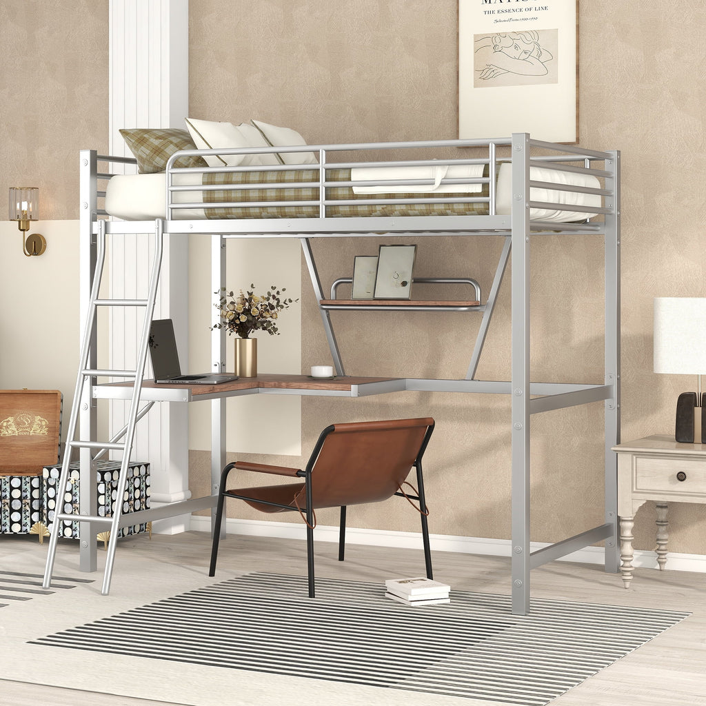 Metal Loft Bed with Desk and Shelf M5622