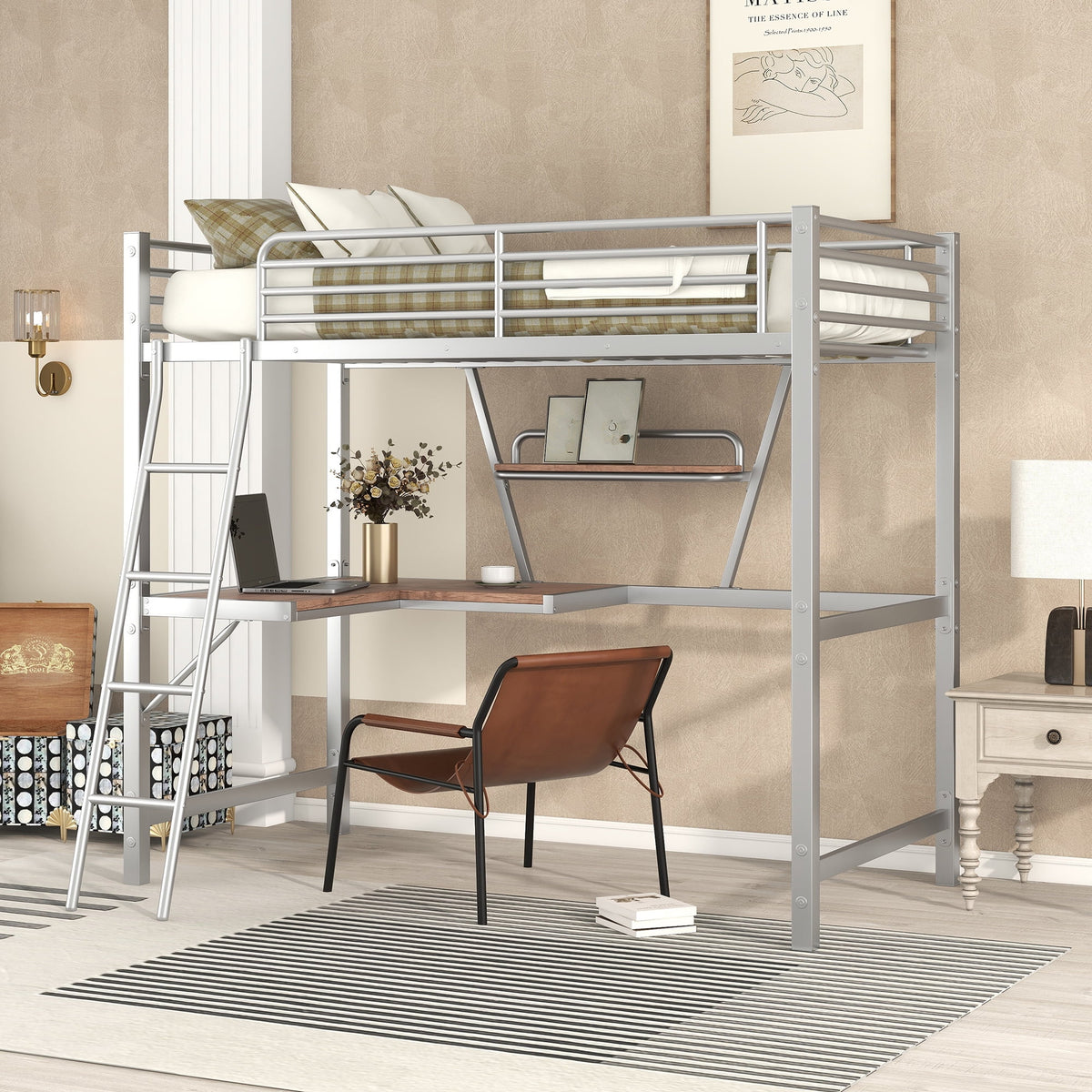 Metal Loft Bed with Desk and Shelf M5622
