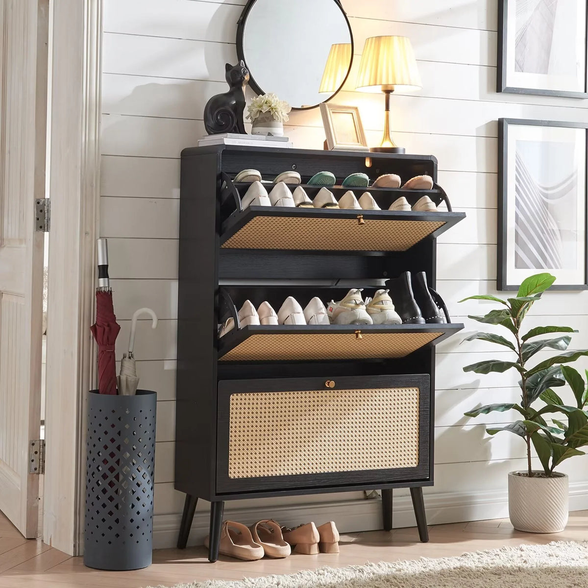 Black 3 Flip Drawer Rattan Shoe Storage Cabinet W504