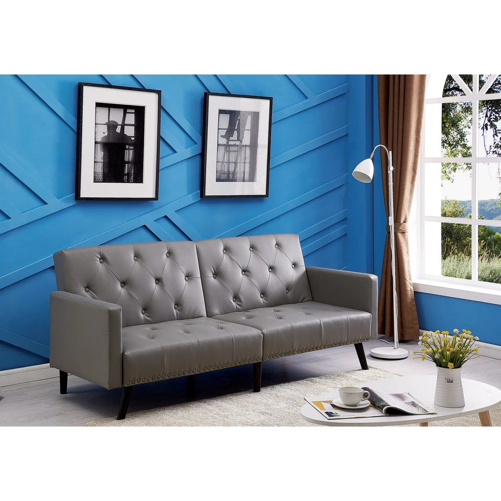 Gray Faux Leather Convertible Futon Sofa B3411