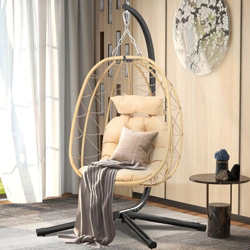 Egg Swing Chair with Stand Wicker Egg Chair with Cushions Beige I3134