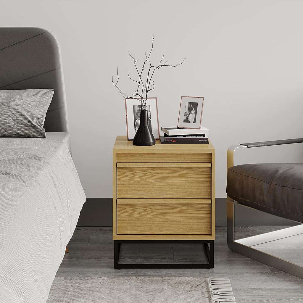 Natural Oak Solid Wood Nightstand with Two Drawers K37902