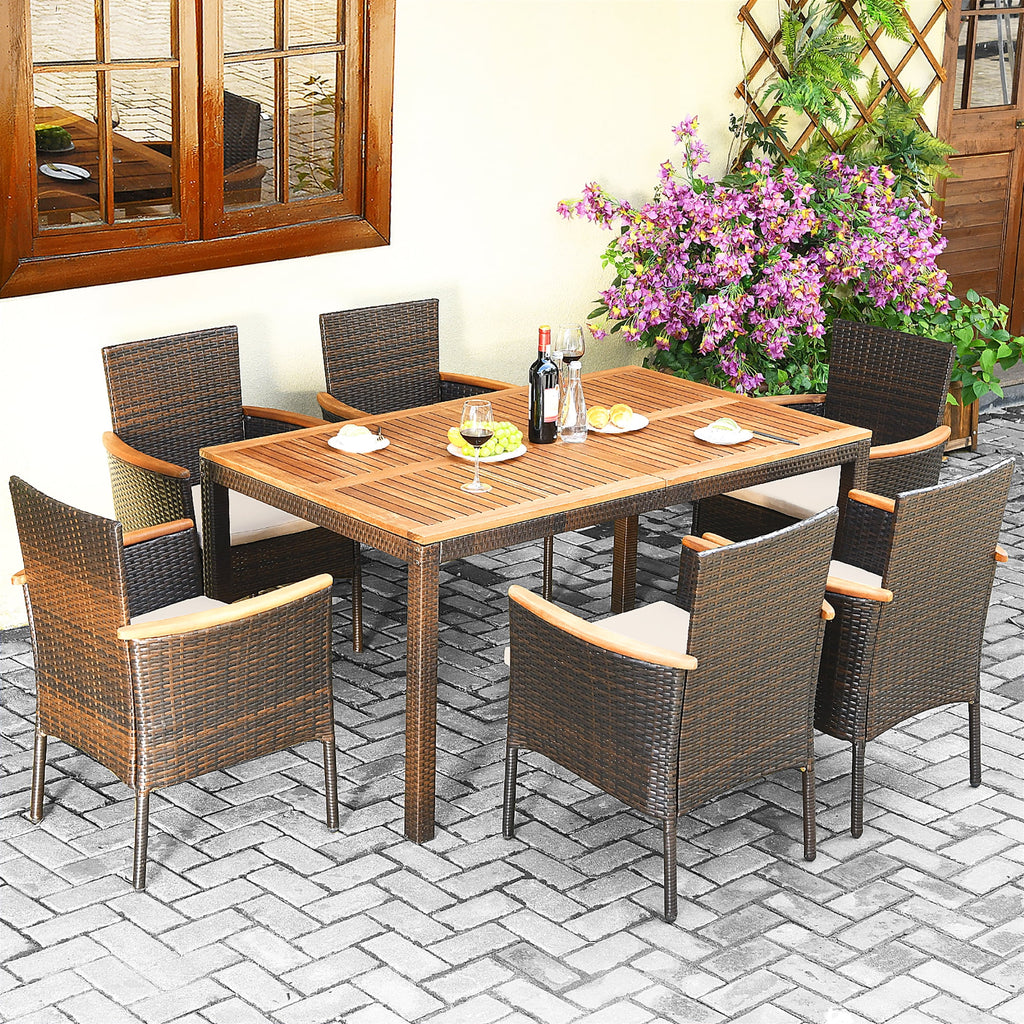 7 Pc Patio Rattan Dining Set Cushioned Chair Wooden Tabletop G915