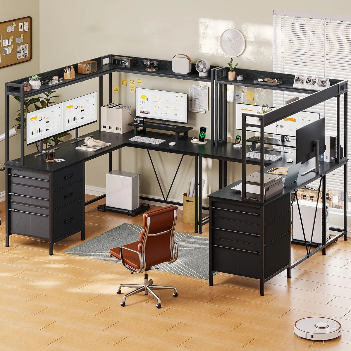 L Shaped Gaming Desk with Hutch and Drawers, Black V83700