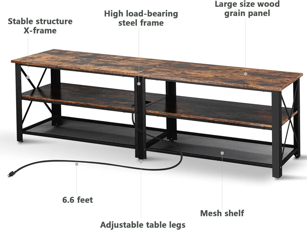 Brown 71 inch Metal TV Stand with LED Lights and Power Outlets W4781