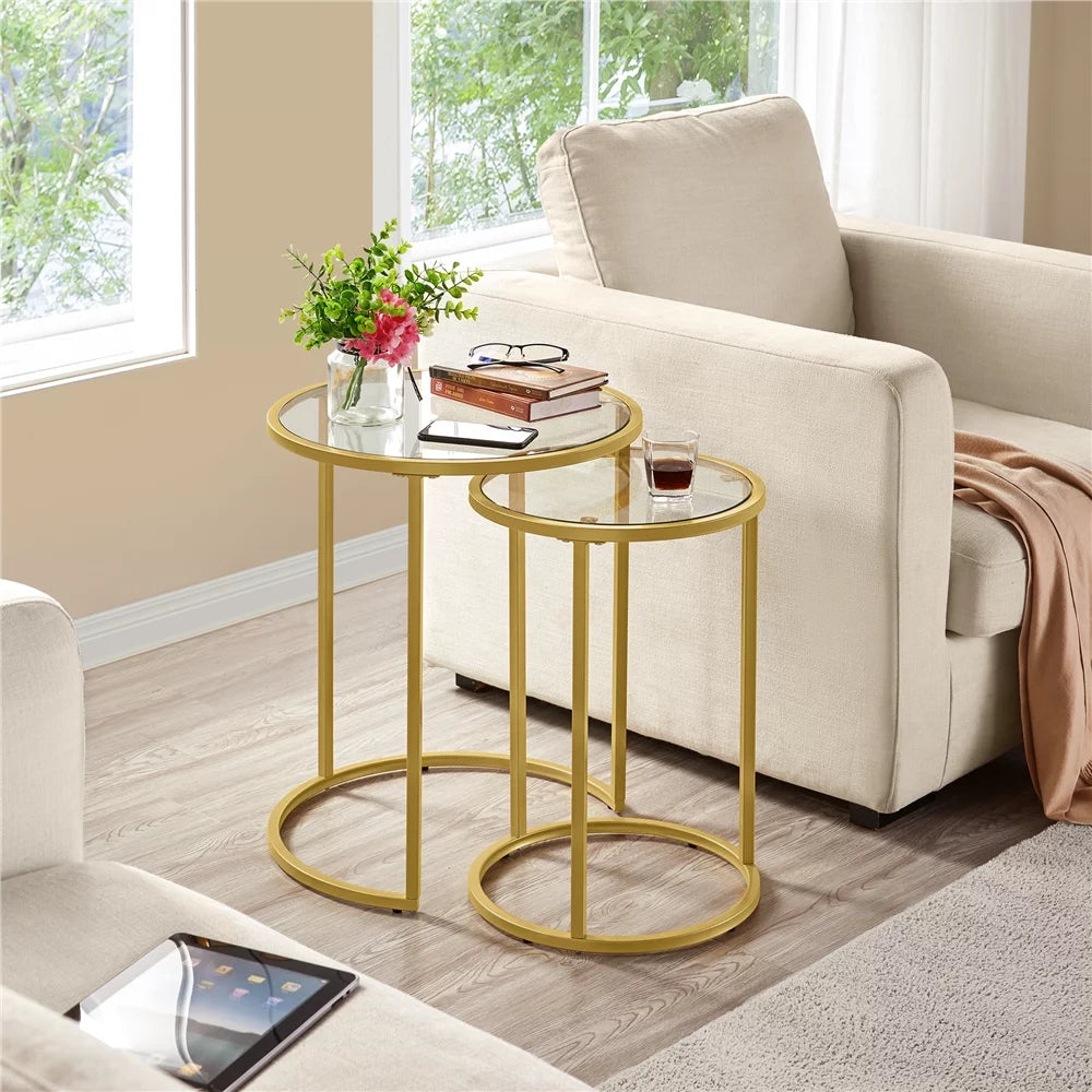 Round Nesting End Table Set with Metal Frame and Glass Top T587