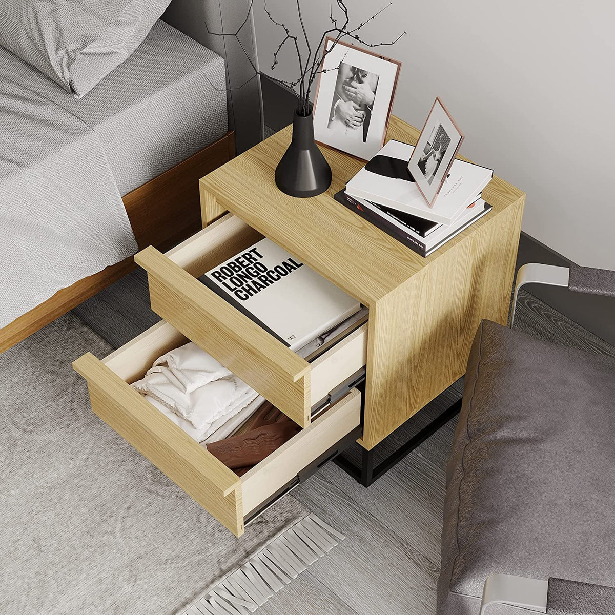 Natural Oak Solid Wood Nightstand with Two Drawers K37902
