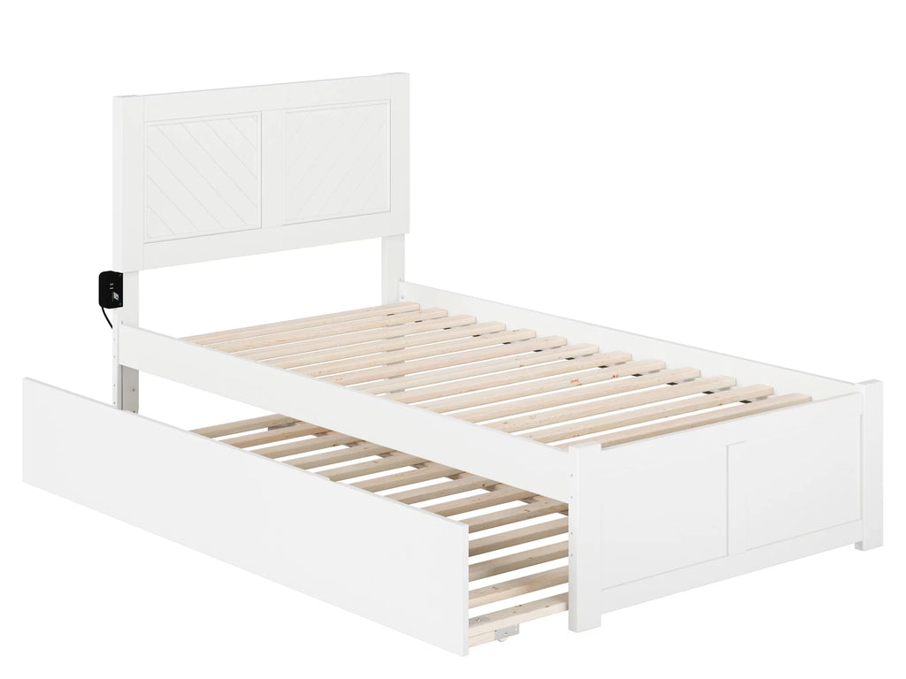 White Solid Wood Platform Bed with Footboard & Twin Trundle A873354