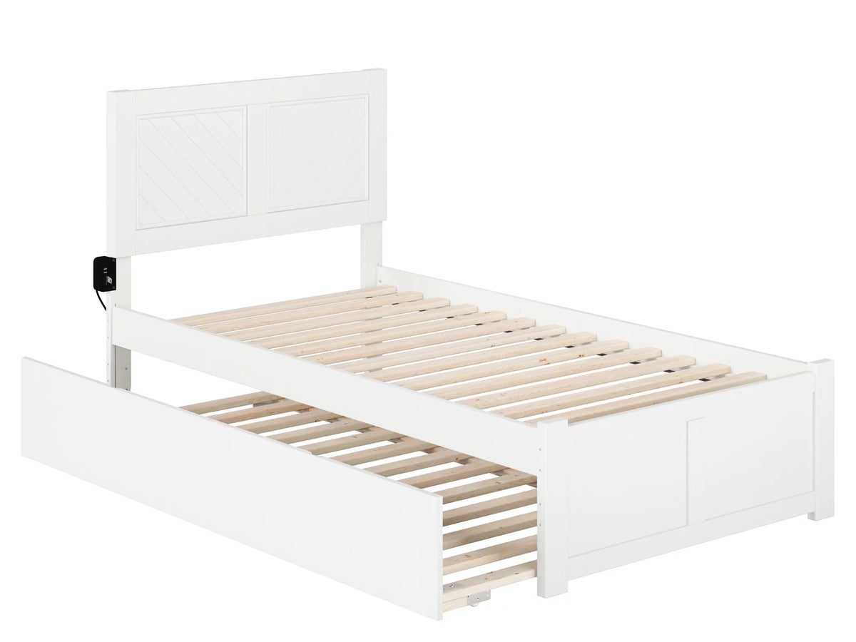 White Solid Wood Platform Bed with Footboard & Twin Trundle A873354