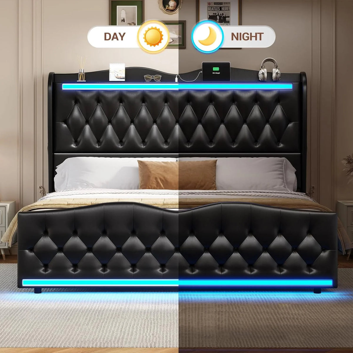 King Size Upholstered Platform Bed Frame with Tall Headboard L369392