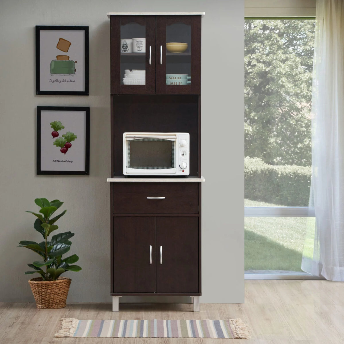 4-Door 1-Drawer Kitchen China Cabinet in Chocolate Wood G8277