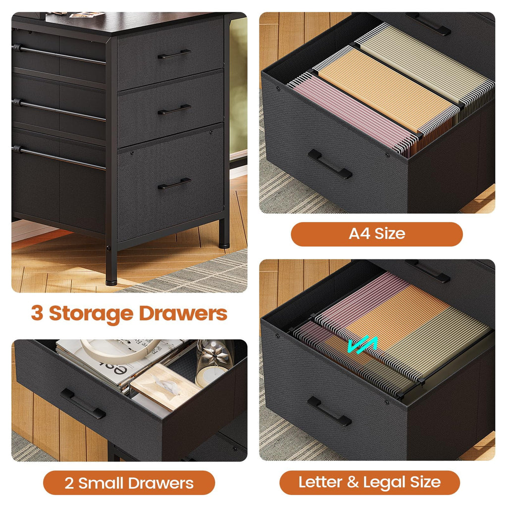 L Shaped Gaming Desk with Hutch and Drawers, Black V83700