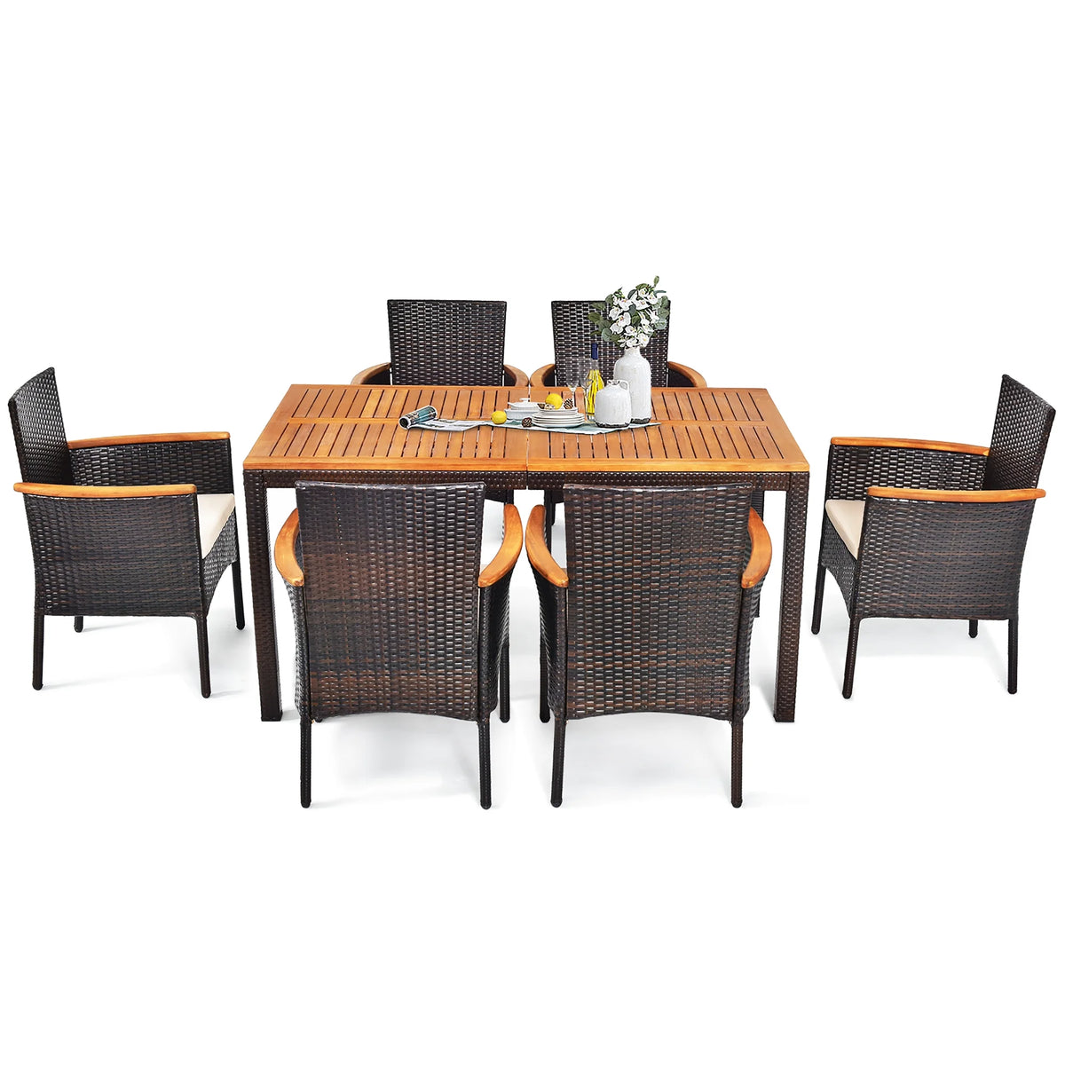 7 Pc Patio Rattan Dining Set Cushioned Chair Wooden Tabletop G915