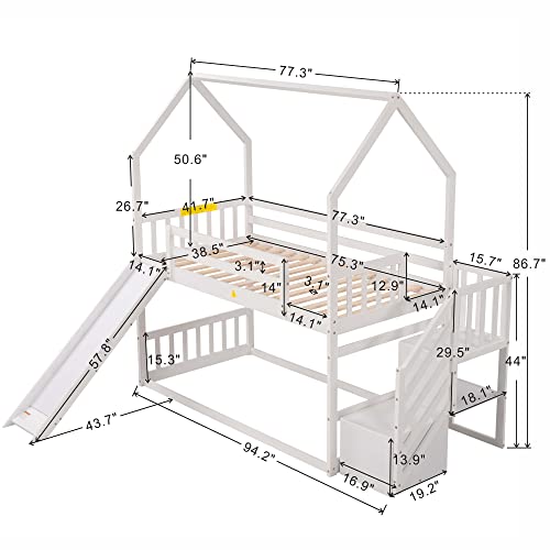 Twin Over Twin White Wood Bunk Bed with Slide and Storage Staircase C93287