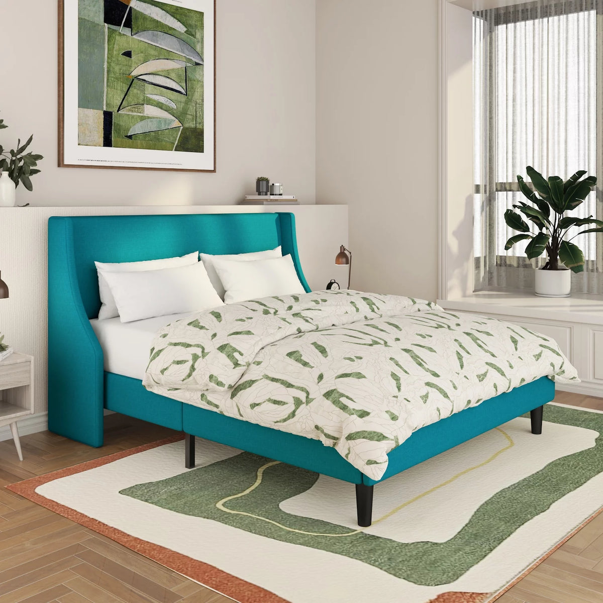 Queen Upholstered Platform Bed Frame with Wingback Headboard F60656