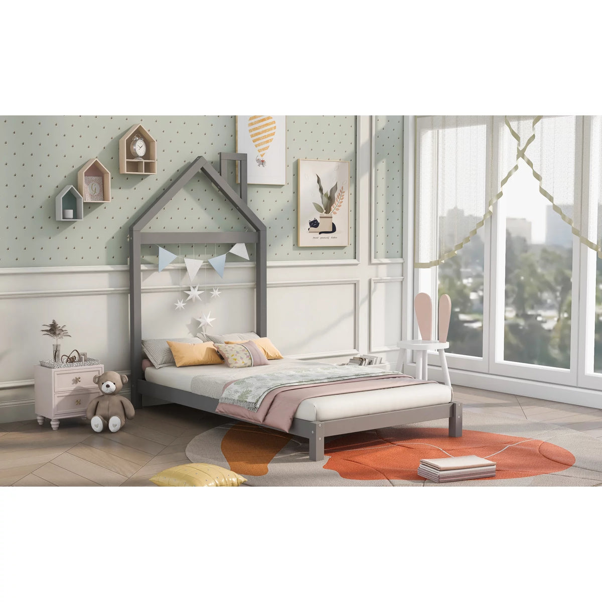 Twin Size Kids Bed with House-Shaped Headboard T23357
