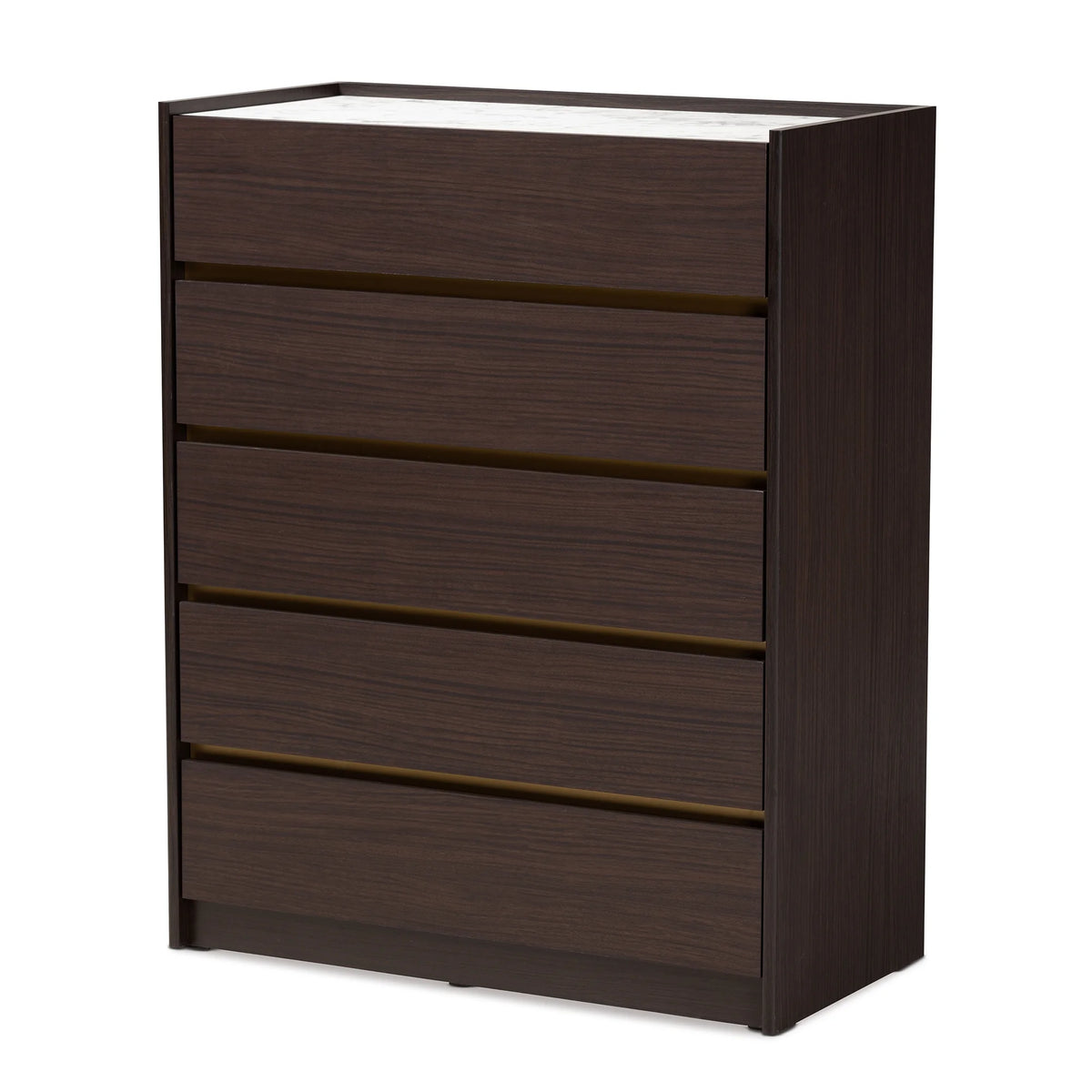 Dark Brown Gold Wood 5-Drawer Chest with Faux Marble Top H4191
