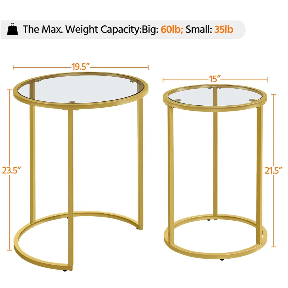 Round Nesting End Table Set with Metal Frame and Glass Top T587