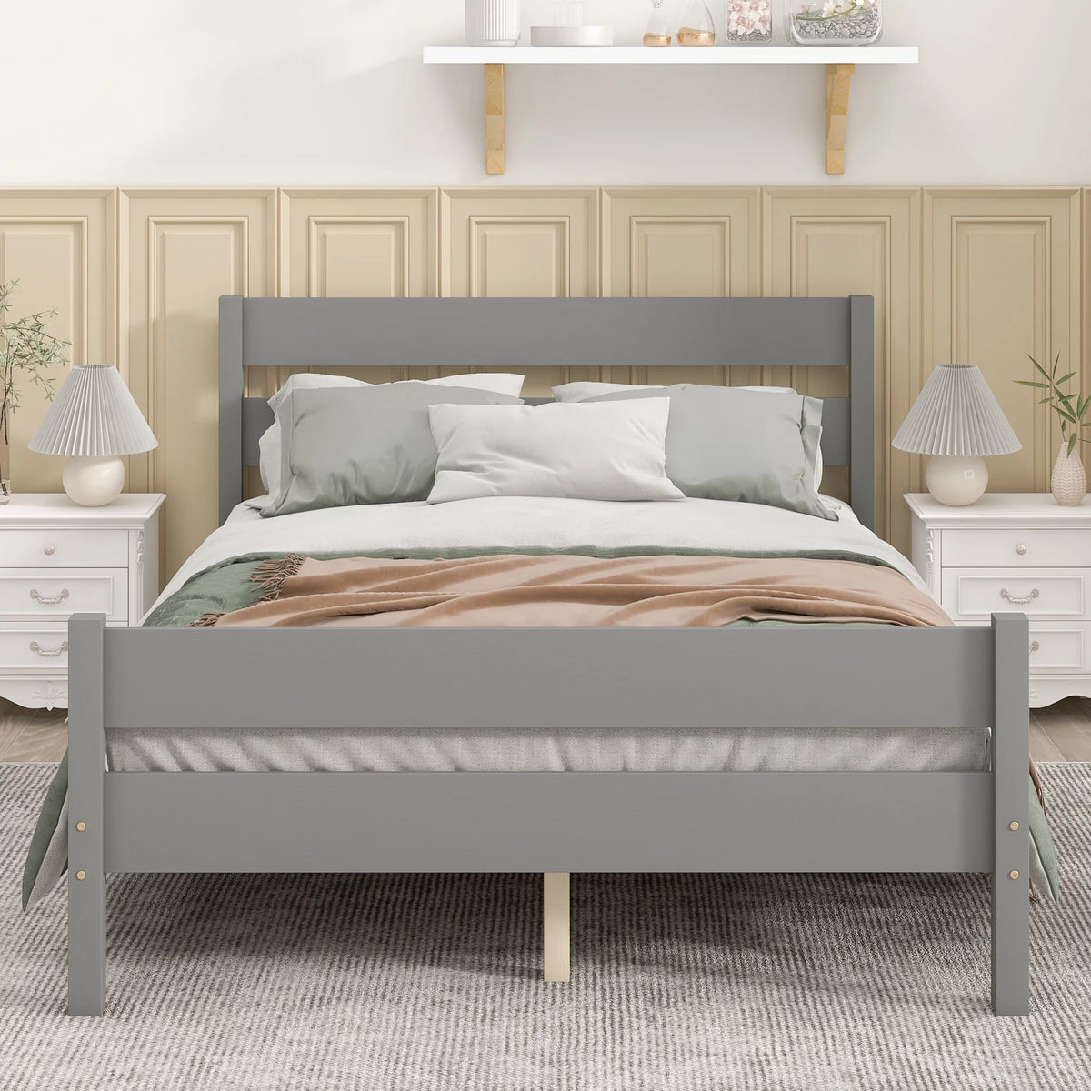 Gray Full Wood Platform Bed Frame with Headboard and Footboard M895