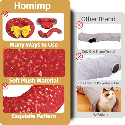 Christmas Cat Tunnel with Bowtie, Washable Circle Cushion and Plush Ball Toy, Red I195